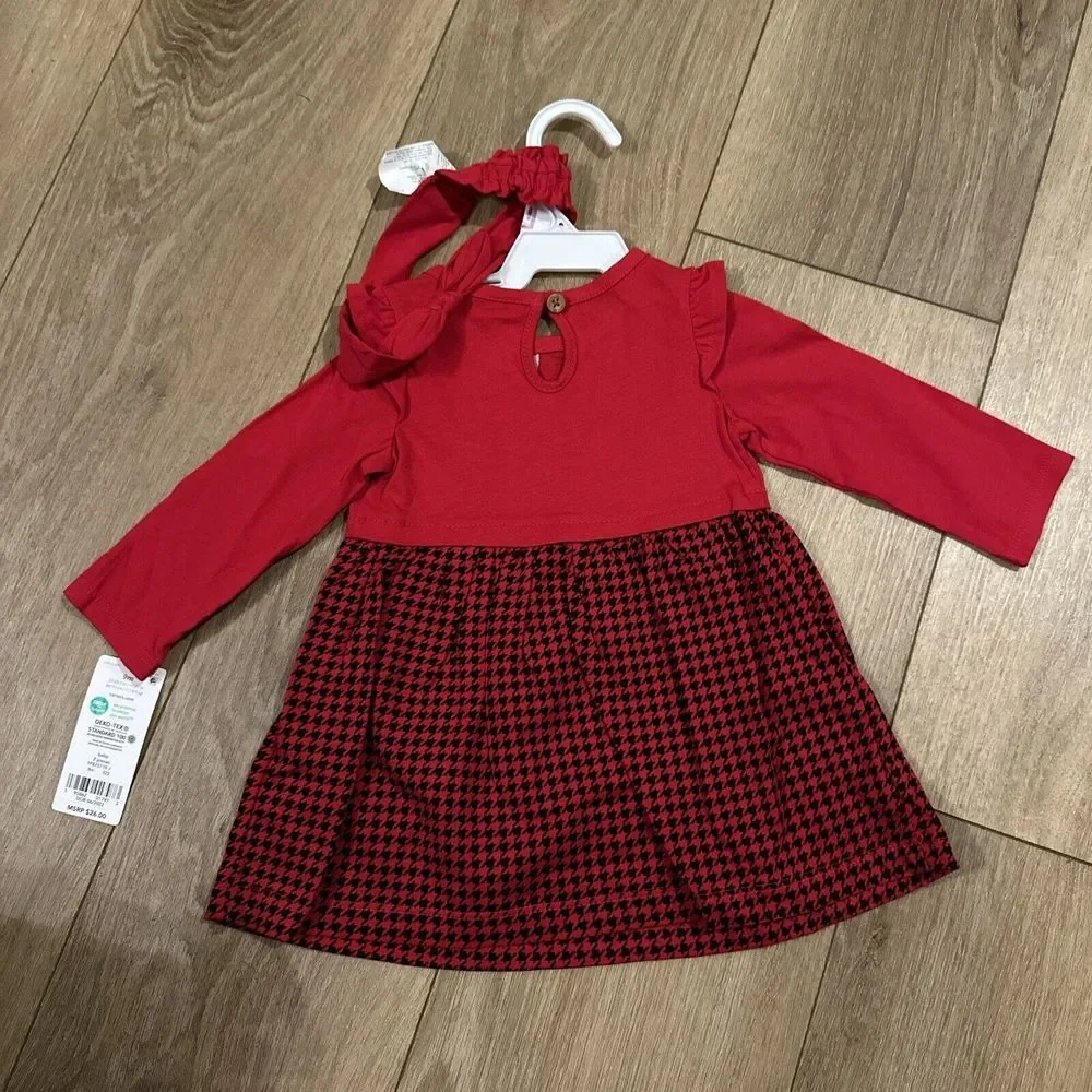 Carter's Baby Girl Holiday Dress Red Plaid 'Merry & Bright Headband 2pc Set 9 Mo